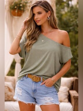 Ninexis Olive Green One Shoulder Top Asymmetrical Boho Tee Size Large. NWT